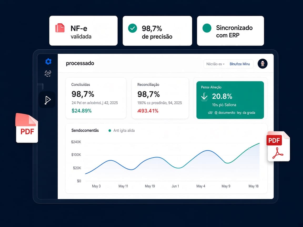 Dashboard do NotaPilot processando documentos fiscais e sincronizando dados com o ERP